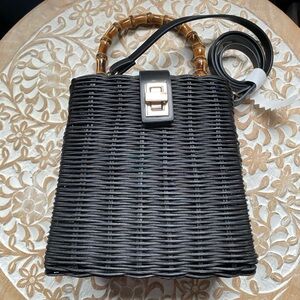 New Zara Black Woven Bamboo-Handle Bag